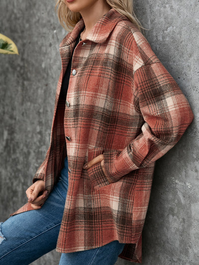 Explore More Collection - Plaid Button Up Long Sleeve Jacket