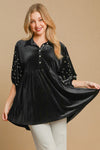 Explore More Collection - Umgee Pearl Detail Half Sleeve Velvet Babydoll Blouse