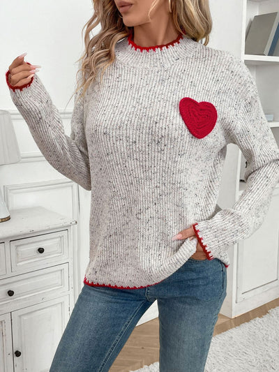 Explore More Collection - Contrast Heart Round Neck Long Sleeve Sweater