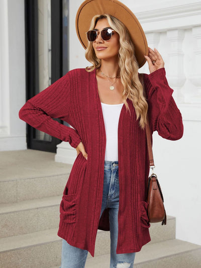 Explore More Collection - Pocketed Open Front Long Sleeve Cardigan