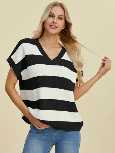 Explore More Collection - Double Take Full Size Striped V-Neck Short Sleeve Sweater