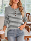 Explore More Collection - Quarter Button Striped Round Neck Long Sleeve T-Shirt