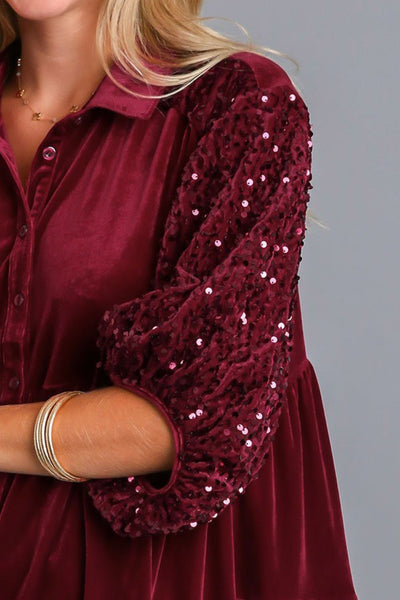 Explore More Collection - Umgee Sequin Detail Tiered Back Half Sleeve Shirt