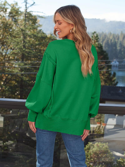 Explore More Collection - Slit Round Neck Long Sleeve Sweatshirt