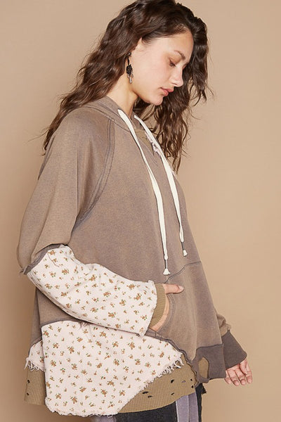 Explore More Collection - POL Floral Patchwork Distressed Drawstring Hoodie