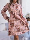 Explore More Collection - Pleated Printed Tie Neck Long Sleeve Dress