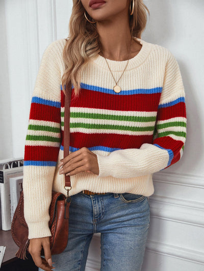 Explore More Collection - Contrast Stripes Round Neck Long Sleeve Sweater