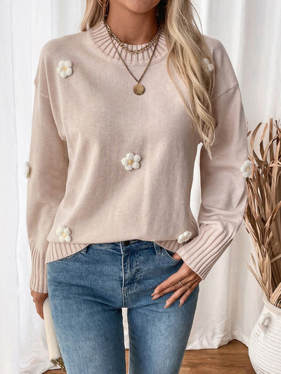 Explore More Collection - Perfee Flower Round Neck Long Sleeve Sweater