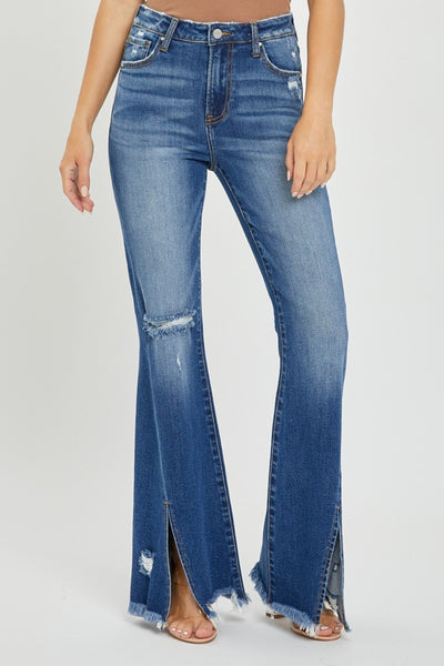 Explore More Collection - RISEN Full Size High Rise Front Slit Frayed Hem Flare Jeans