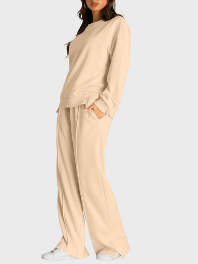 Explore More Collection - Round Neck Long Sleeve Top and Slit Pants Set