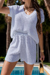 Explore More Collection - Openwork Short Sleeve Top and Shorts Cover Up Set