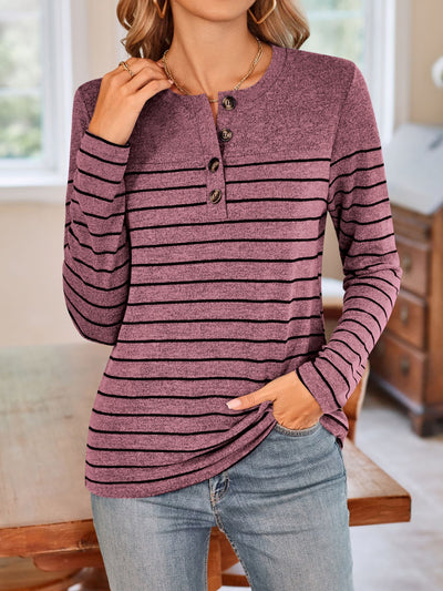 Explore More Collection - Quarter Button Striped Round Neck Long Sleeve T-Shirt