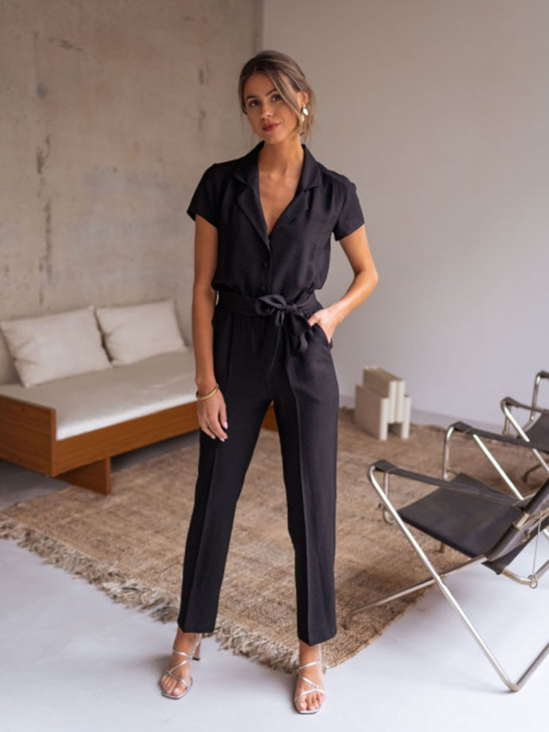 Explore More Collection - Tied Collared Neck Short Sleeve Jumpsuit