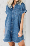 Explore More Collection - Raw Hem Pocketed Cap Sleeve Denim Dress