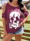 Explore More Collection - Plus Size Skeleton Graphic Round Neck Cold Shoulder T-Shirt