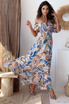 Explore More Collection - Smocked Printed Short Sleeve Maxi Dress