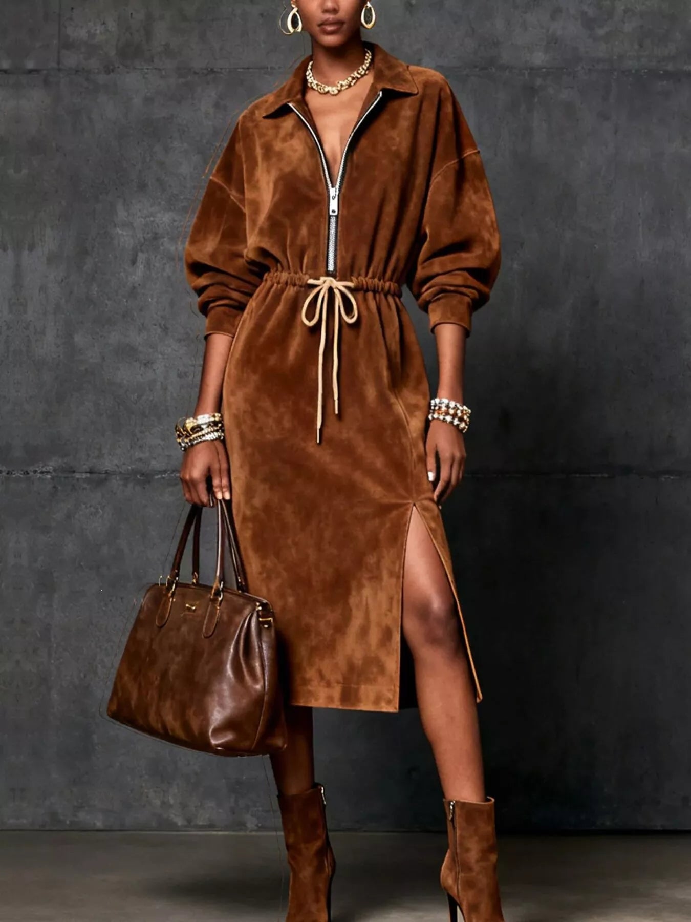 Drawstring Waist Zip-Front Midi Dress