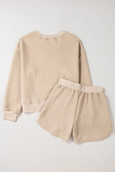 Explore More Collection - Quilted Round Neck Long Sleeve Top and Shorts Set