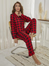 Explore More Collection - Plaid Collared Neck Long Sleeve Top and Pants Lounge Set