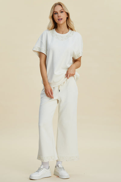 Explore More Collection - Double Take Full Size Pearl Detail Round Neck Top and Pants Set