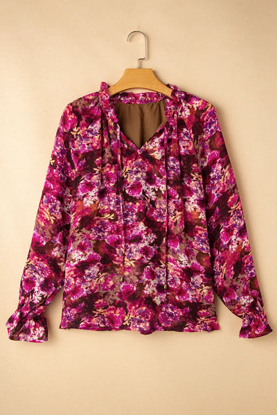 Explore More Collection - Printed Tie Neck Flounce Sleeve Blouse