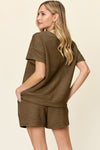 Explore More Collection - Double Take Full Size Texture Short Sleeve T-Shirt and Drawstring Shorts Set