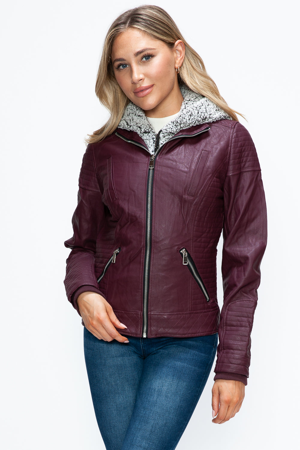 Explore More Collection - YMI Faux Layered Double-Zipper Jacket with Fuzzy Hood