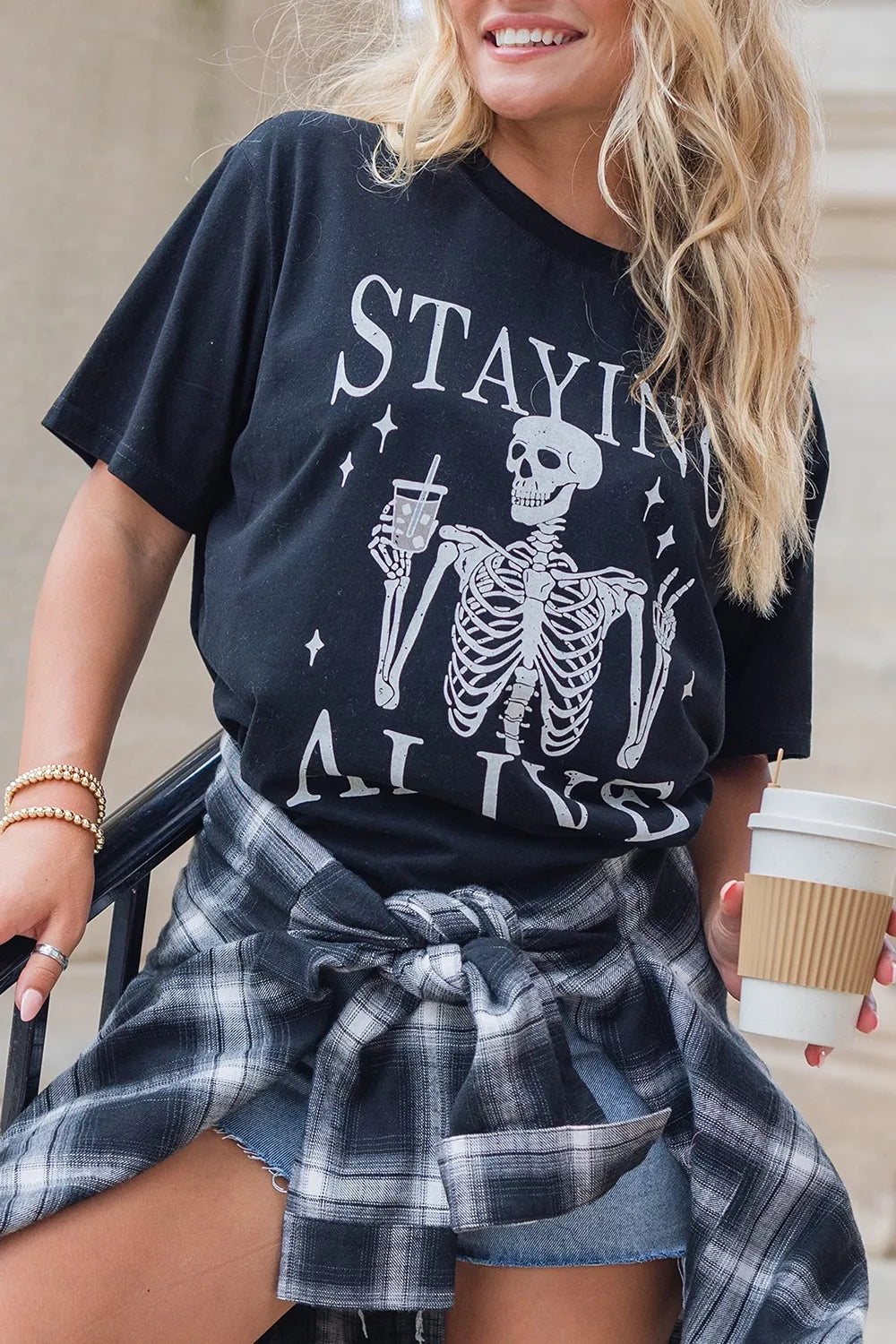 STAYING ALIVE Funny Skeleton Graphic Round Neck T Shirt