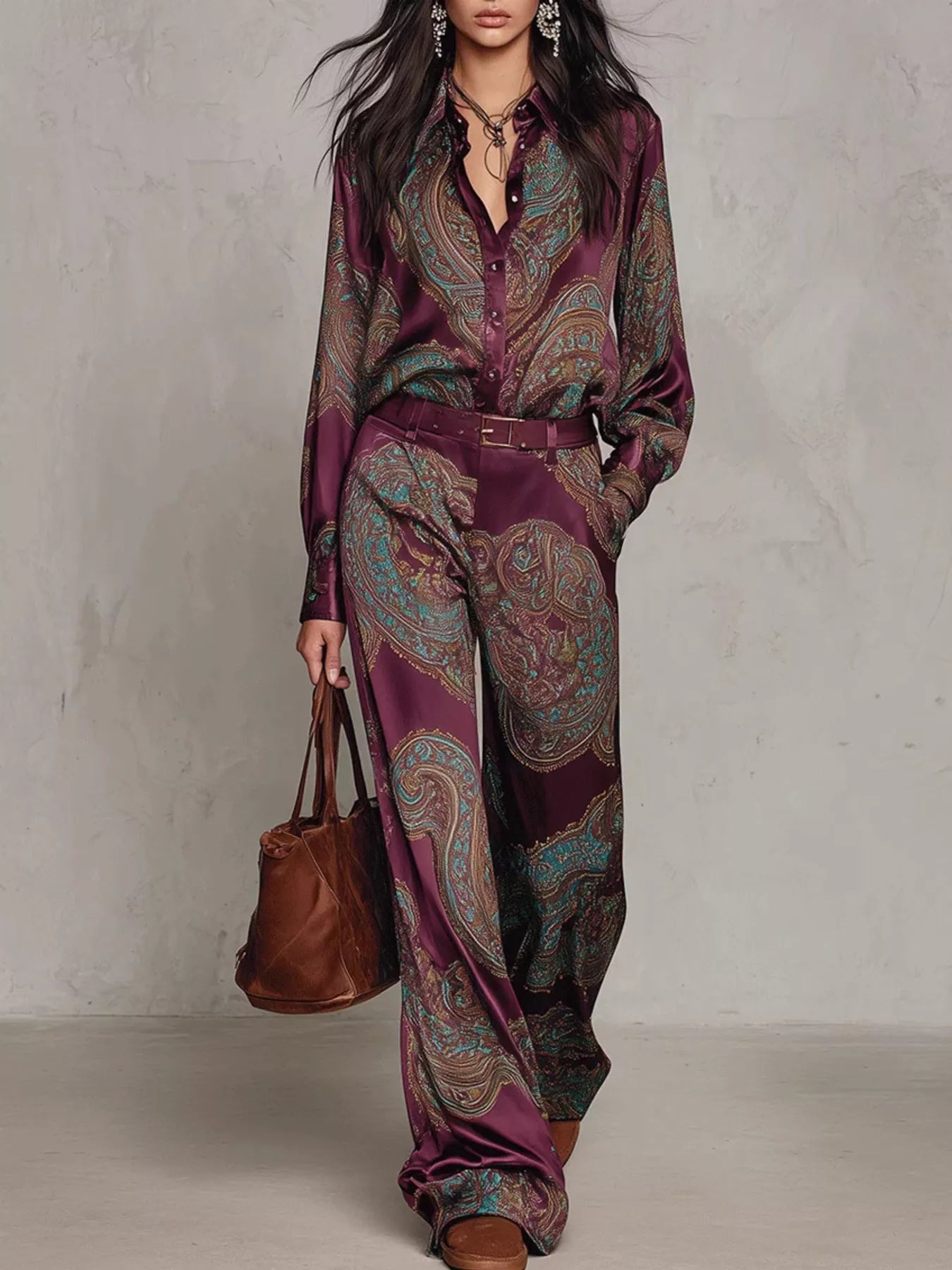 Paisley Print Long Sleeve Shirt and Wide-Leg Pants Set