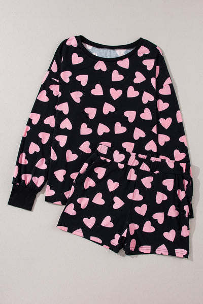 Explore More Collection - Heart Print Long Sleeve Top and Shorts Lounge Set