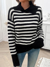 Explore More Collection - Striped Collared Neck Long Sleeve Sweater