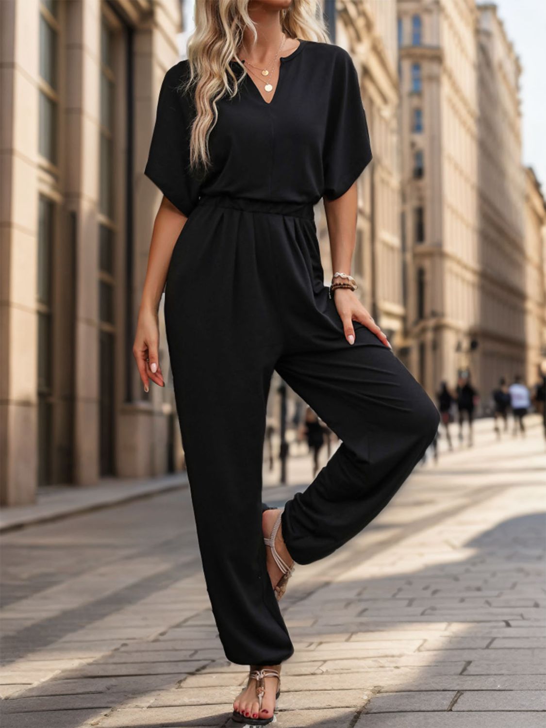 Explore More Collection - Notched Half Sleeve Straight Jumpsuit