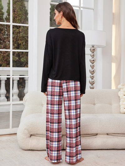 Explore More Collection - Round Neck Long Sleeve Top and Plaid Pants Lounge Set