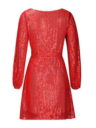 Explore More Collection - Sequin Tie Waist Long Sleeve Mini Dress