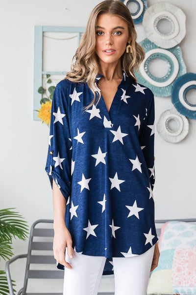 Explore More Collection - Heimish Full Size Roll-Tab Sleeve Star Print Top