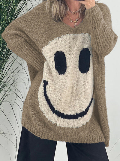 Explore More Collection - Smiling Face V-Neck Long Sleeve Sweater