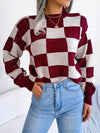 Explore More Collection - Checkered Mock Neck Long Sleeve Sweater