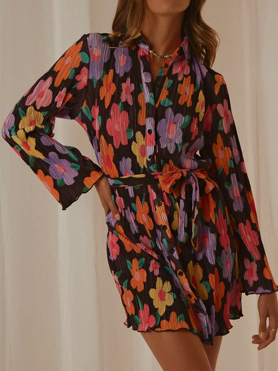 Explore More Collection - Tied Button Up Long Sleeve Dress