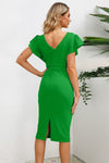 Explore More Collection - Ruffled Slit Surplice Cap Sleeve Dress