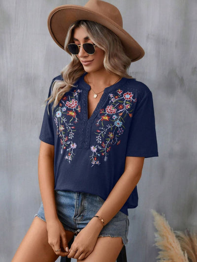 Explore More Collection - Embroidered Notched Short Sleeve T-Shirt