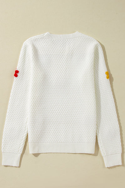 Explore More Collection - Crochet Flower Round Neck Long Sleeve Sweater