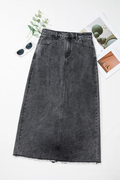 Explore More Collection - Raw Hem Midi Denim Skirt with Pockets