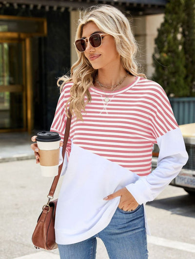 Explore More Collection - Slit Contrast Striped Long Sleeve Sweatshirt