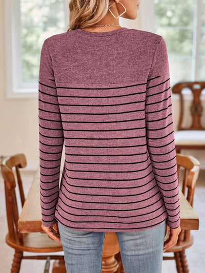 Explore More Collection - Quarter Button Striped Round Neck Long Sleeve T-Shirt