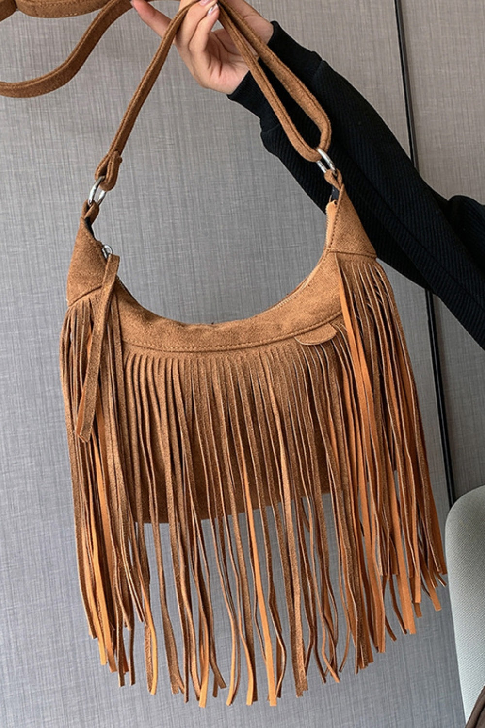 Explore More Collection - Suede Fringe Adjustable Strap Shoulder Bag