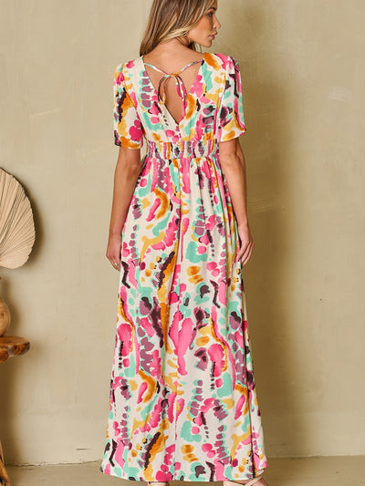 Explore More Collection - Slit Printed Surplice Short Sleeve Maxi Dress