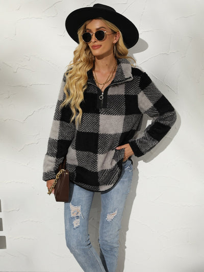 Explore More Collection - Shiny Plaid Half Zip Long Sleeve Sweatshirt