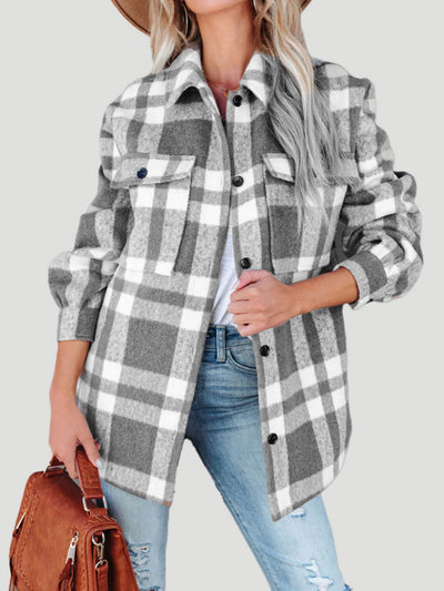 Explore More Collection - Plaid Collared Neck Long Sleeve Jacket