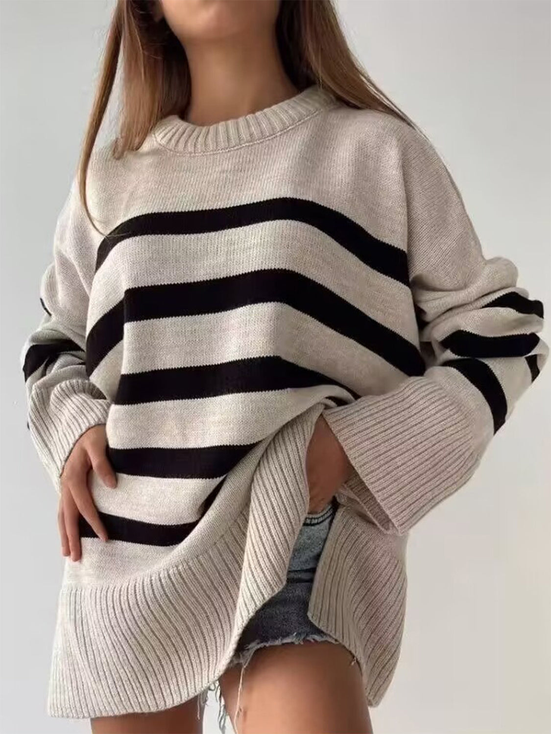 Explore More Collection - Slit Striped Round Neck Sweater