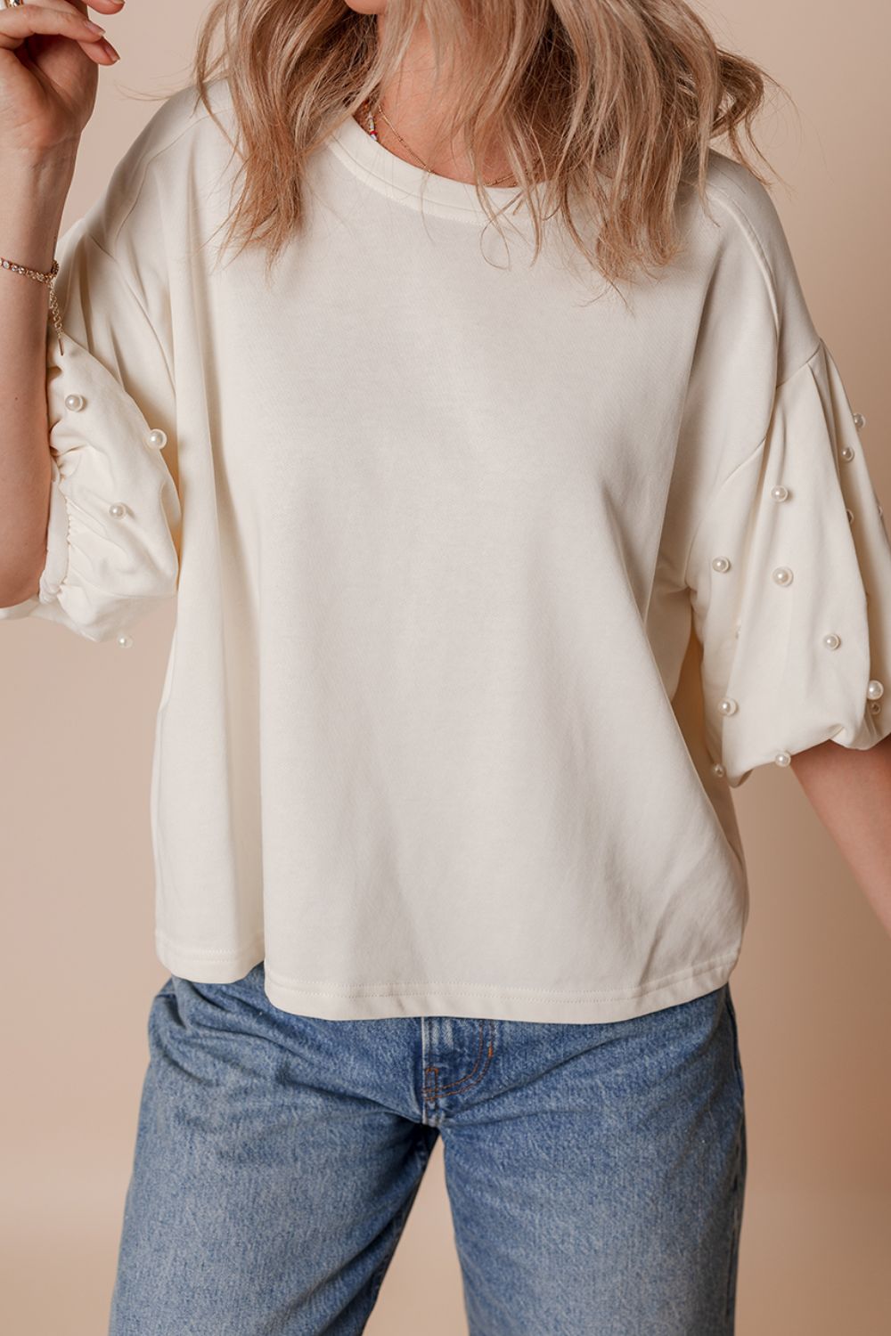 Explore More Collection - Pearl Detail Round Neck Half Sleeve Blouse